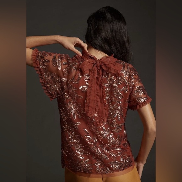 Anthropologie Copper Sequin Embroidered Blouse, Tie Back, Size S - Picture 9 of 10